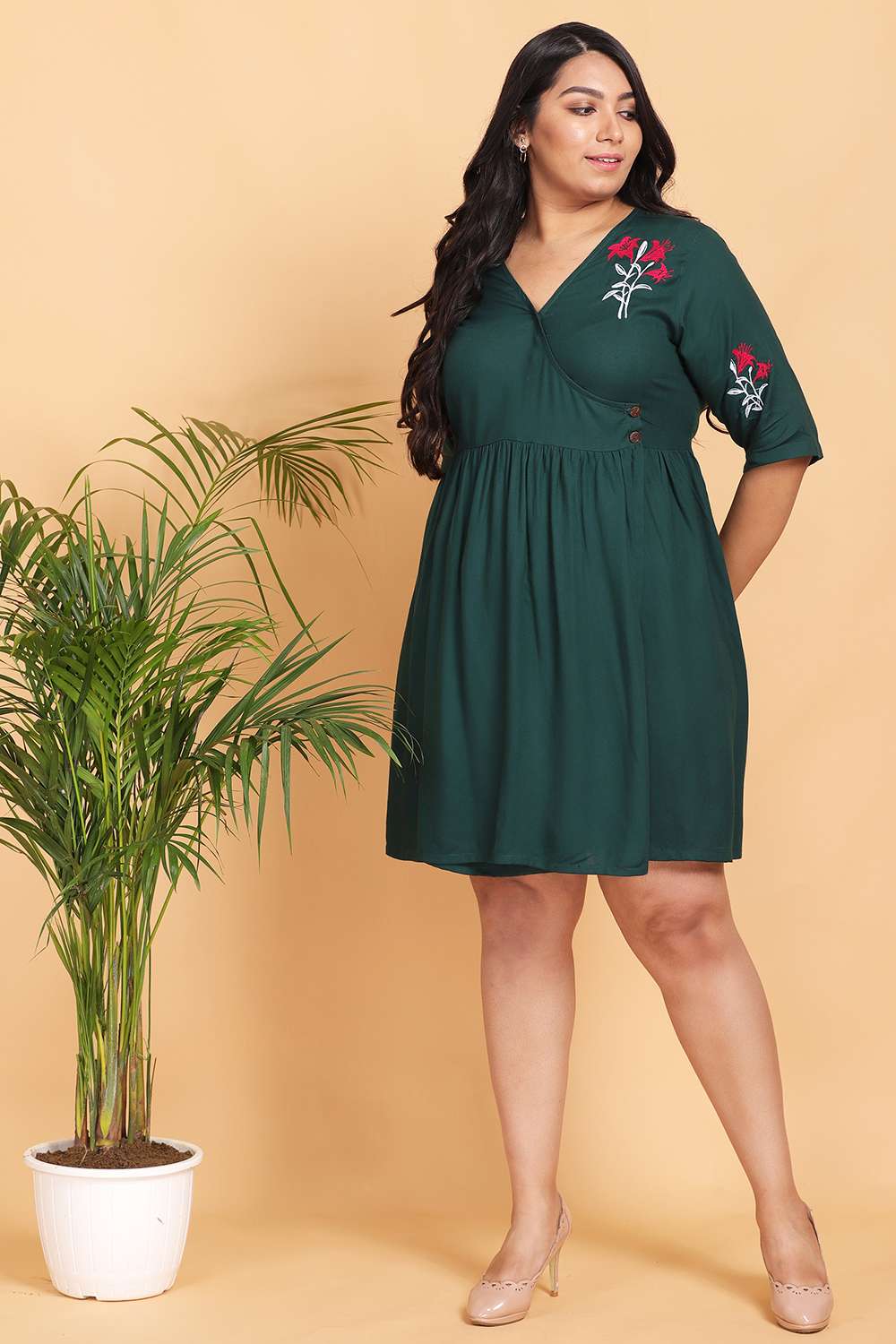 Bottle Green Embroidered Wrap Dress