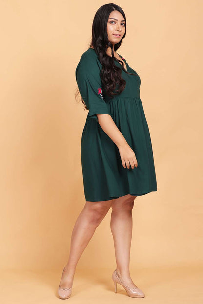 Bottle Green Embroidered Wrap Dress