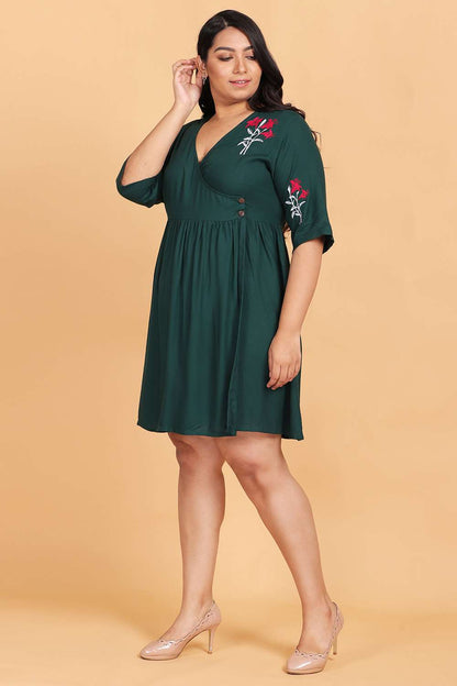 Bottle Green Embroidered Wrap Dress