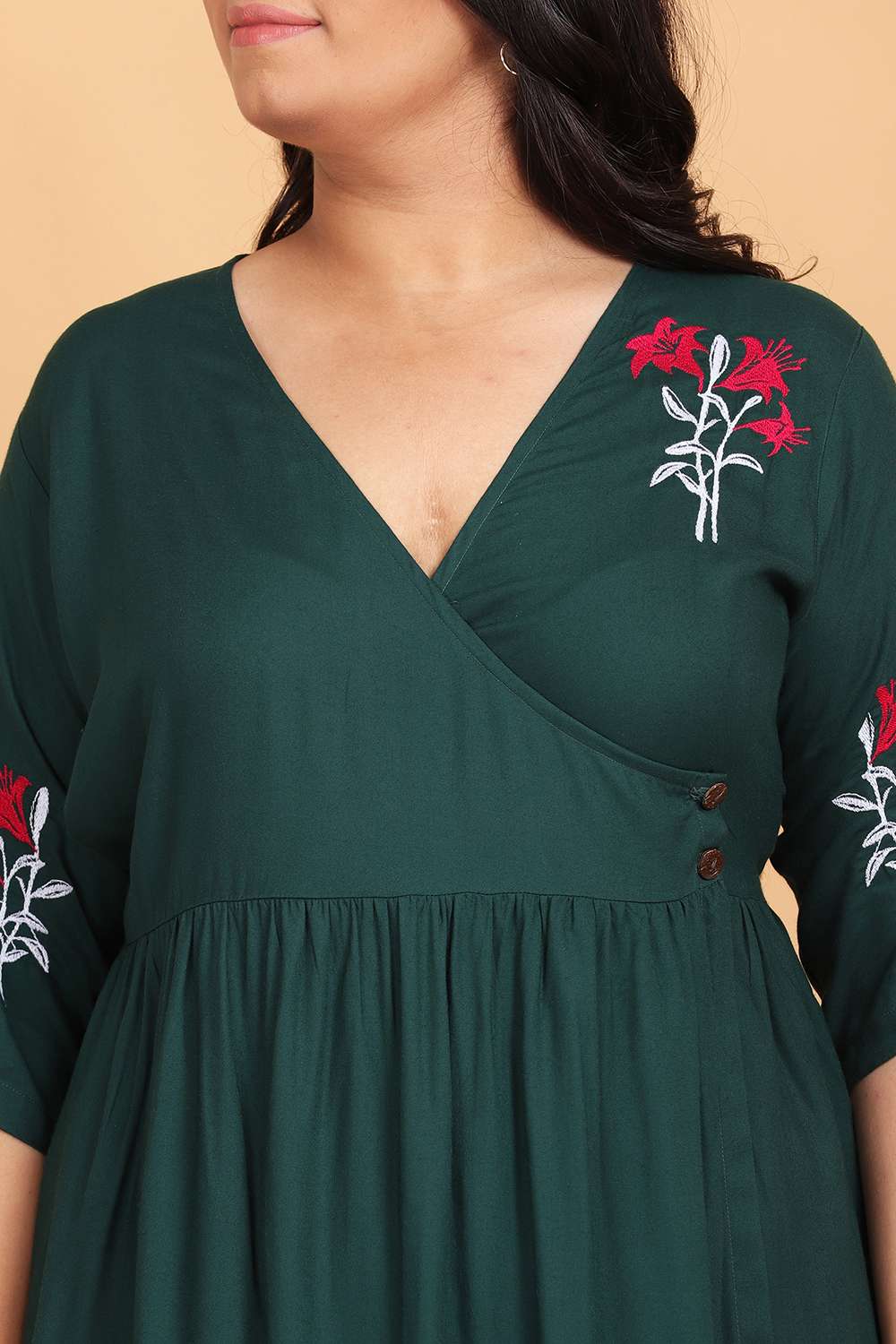 Bottle Green Embroidered Wrap Dress