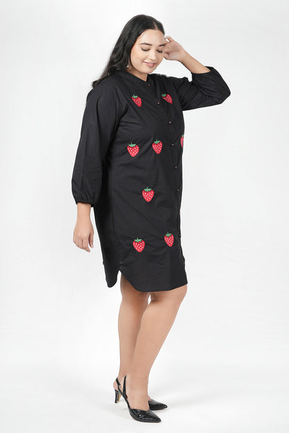 Strawberry Embroidered Shirt Dress