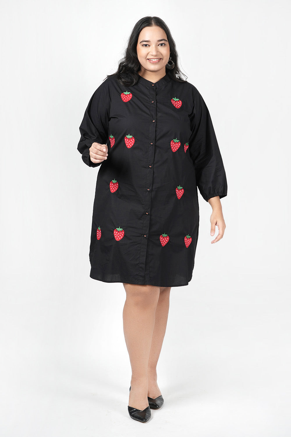 Strawberry Embroidered Shirt Dress