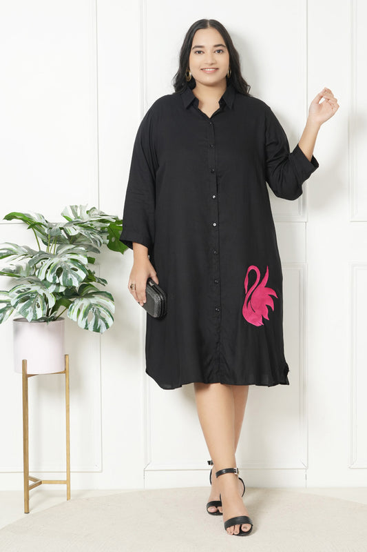 LastInch Plus Size Swan Embroidery Shirt Dress