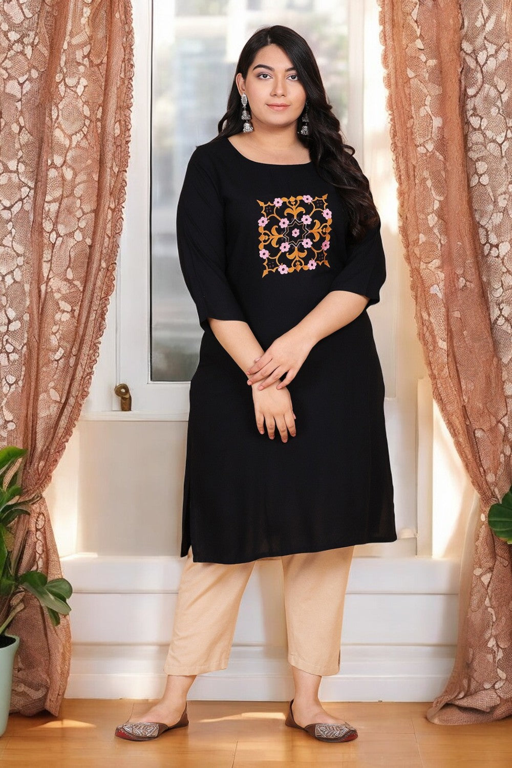 Solid Black Embroidered Kurta