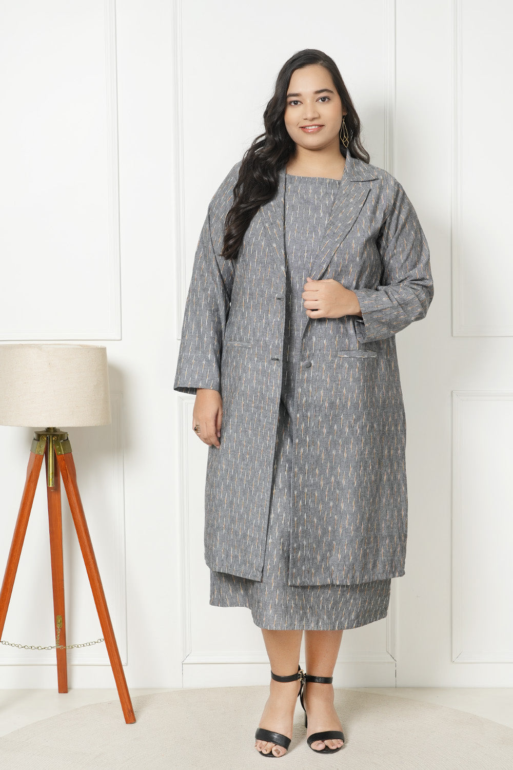 LastInch Grace Grayish Ikat Dress With Jacket