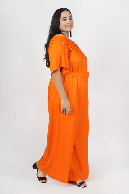 Classic Coral Off-Shoulder Jumpsuit