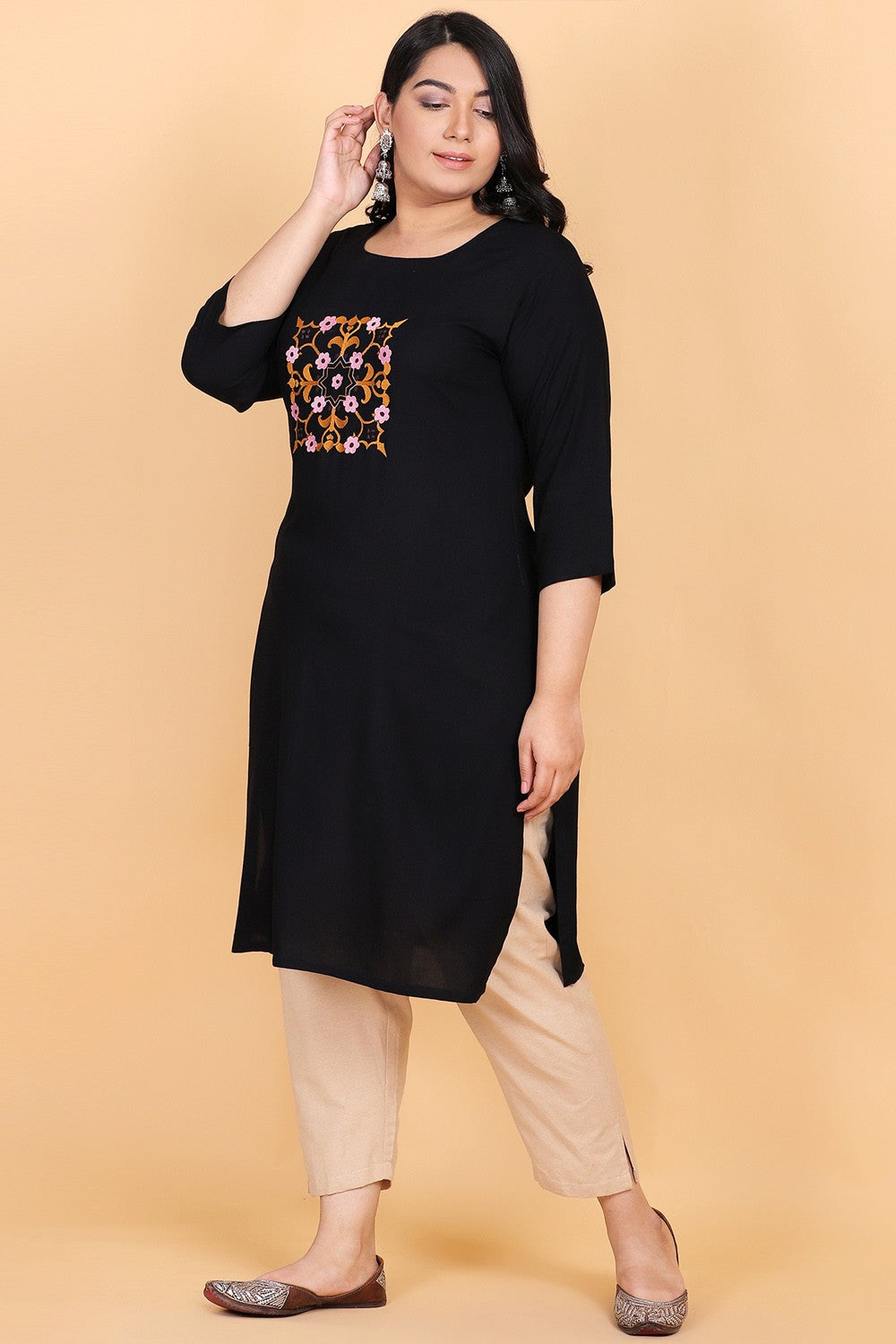 Solid Black Embroidered Kurta