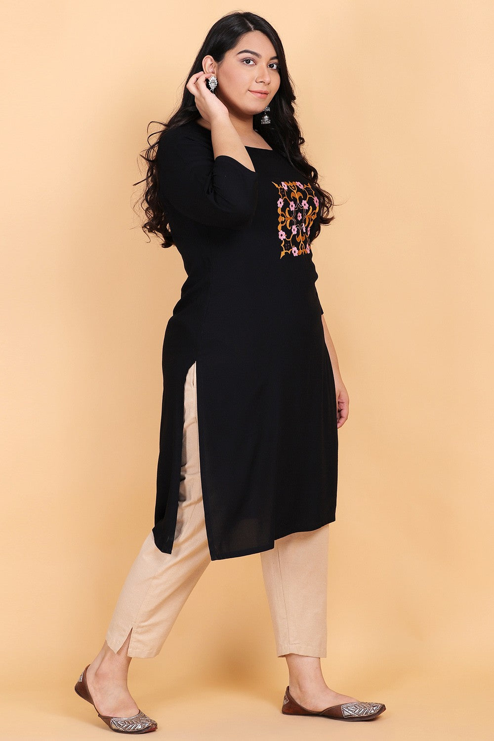 Solid Black Embroidered Kurta