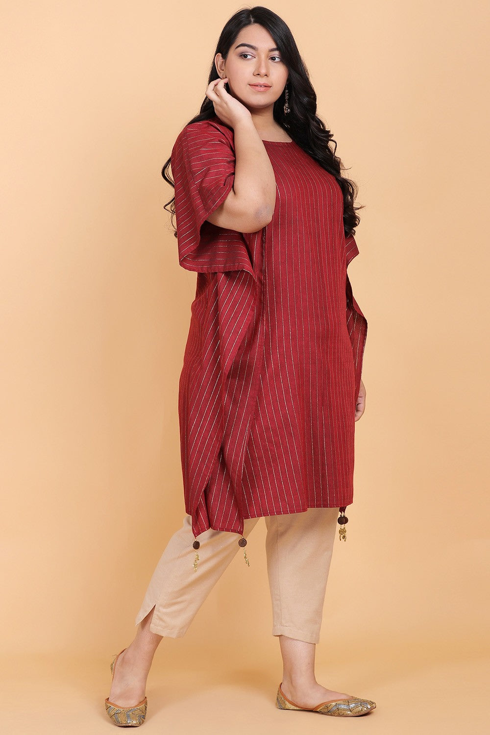 Maroon Foil Print Kaftan With Face Mask