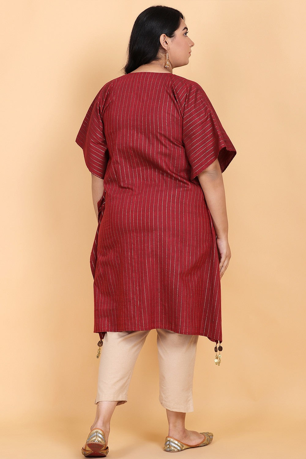 Maroon Foil Print Kaftan With Face Mask