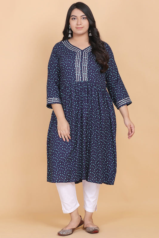 Printed Blue Flared Kurti With Face Mask