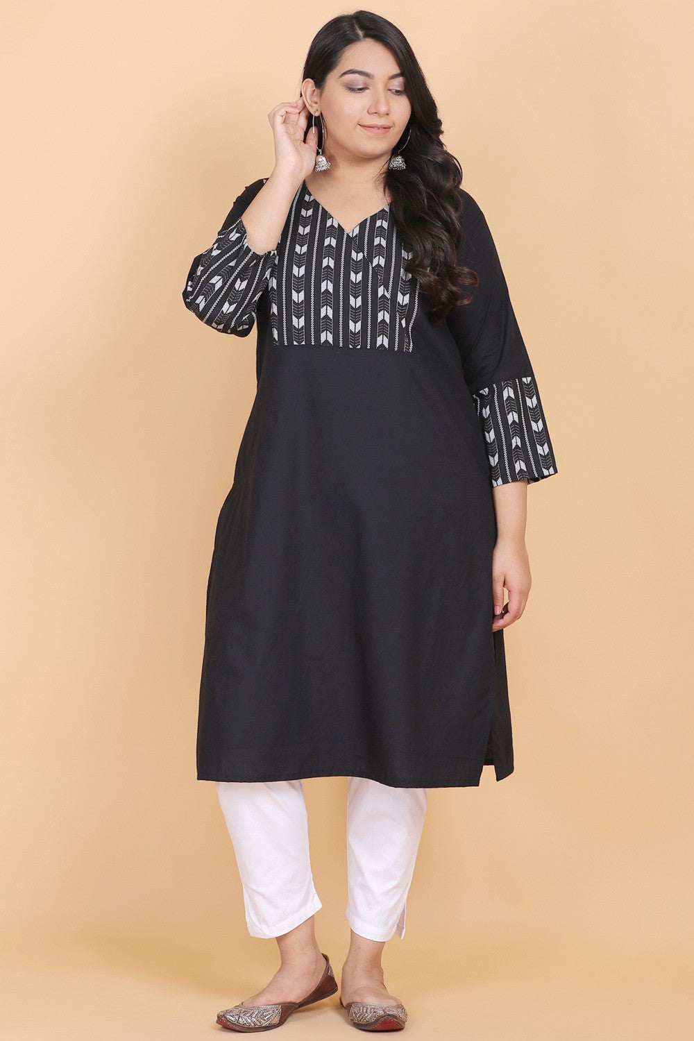 Black V-Neck Cotton Kurta