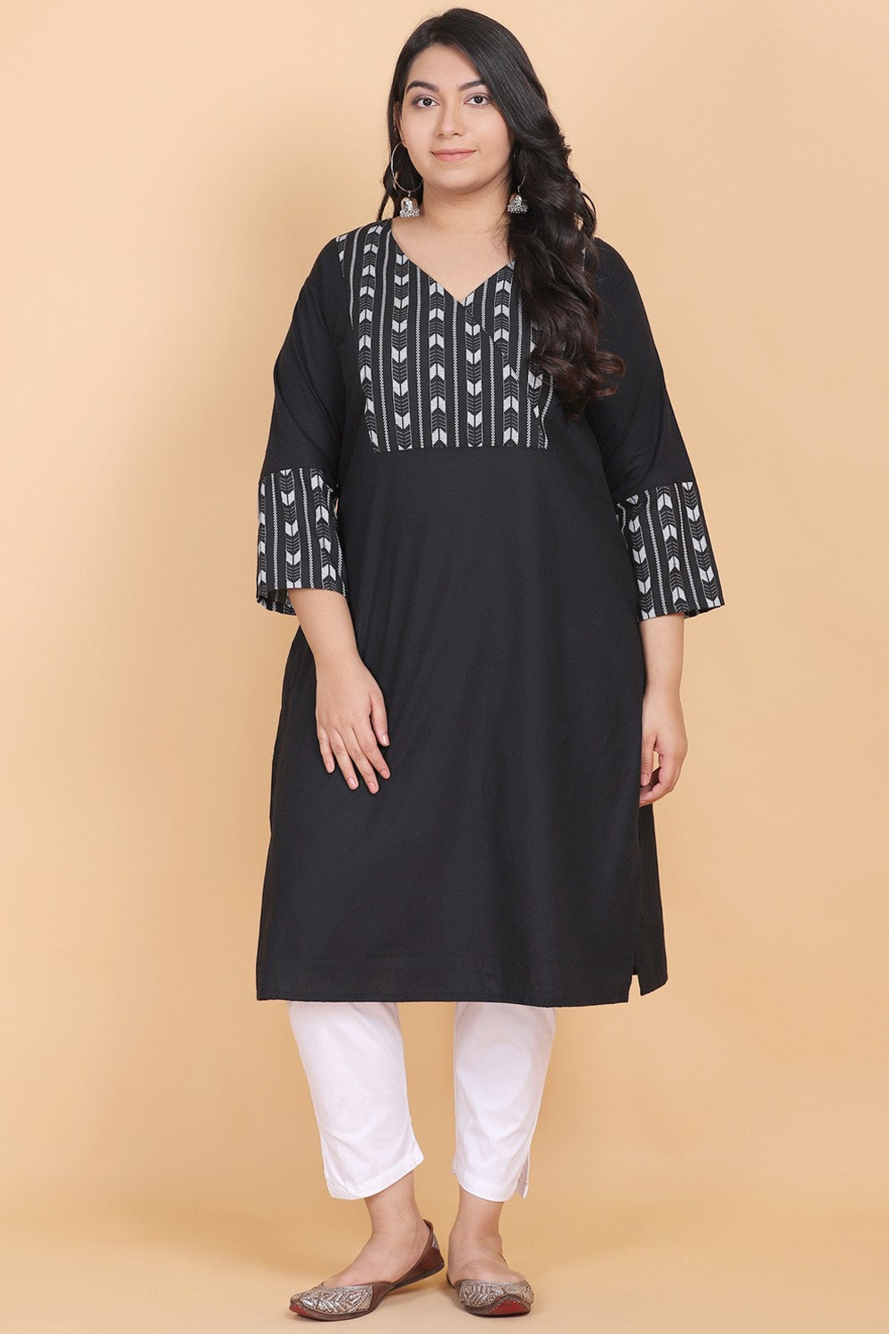 Black V-Neck Cotton Kurta