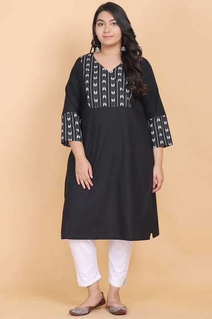 Black V-Neck Cotton Kurta