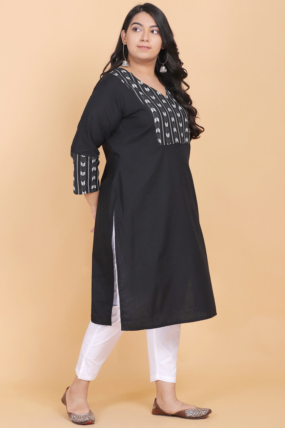 Black V-Neck Cotton Kurta