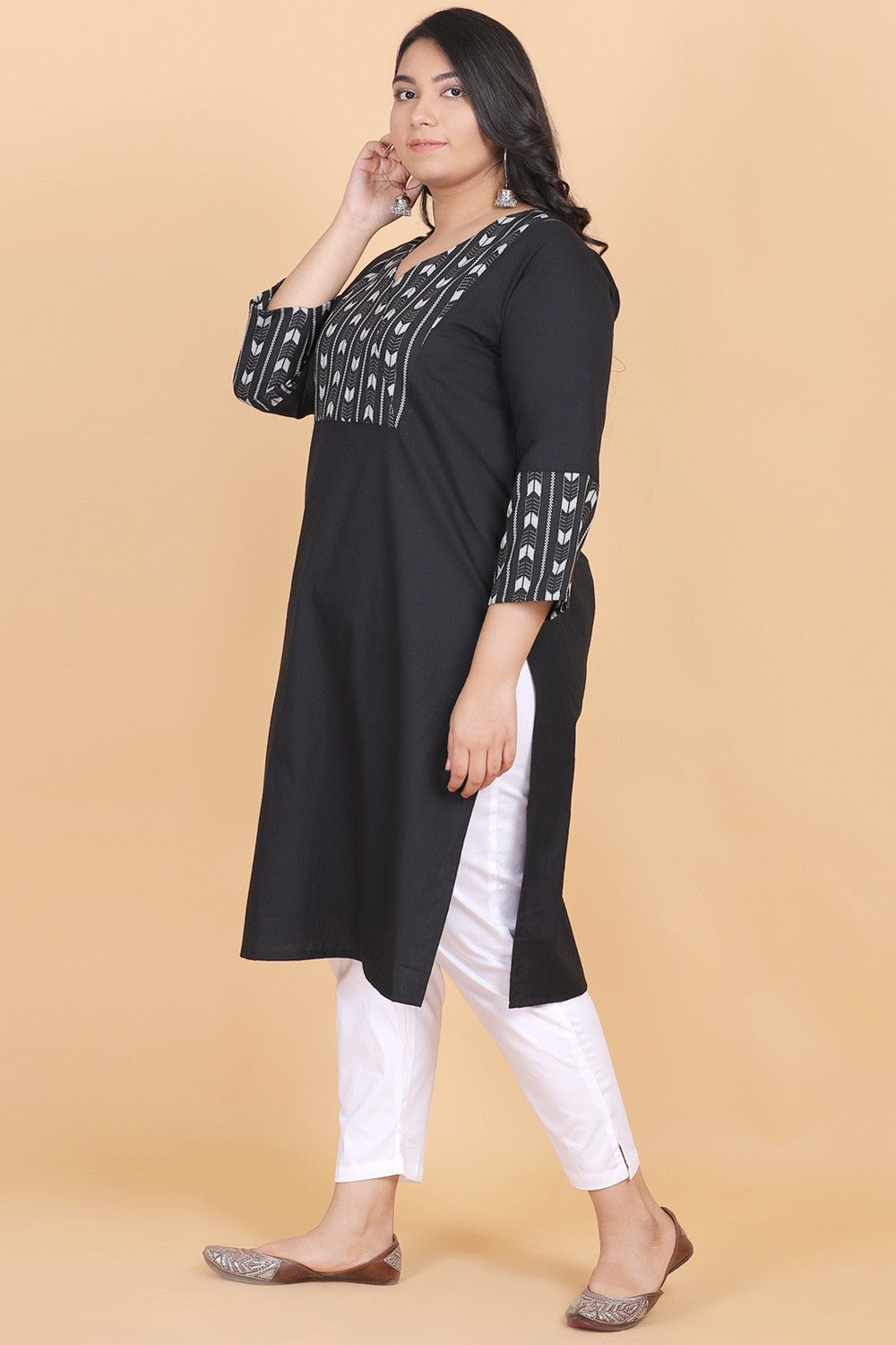 Black V-Neck Cotton Kurta