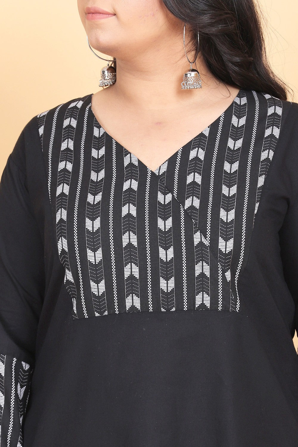 Black V-Neck Cotton Kurta