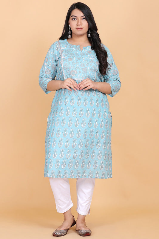 Light Blue Cotton Printed Kurta