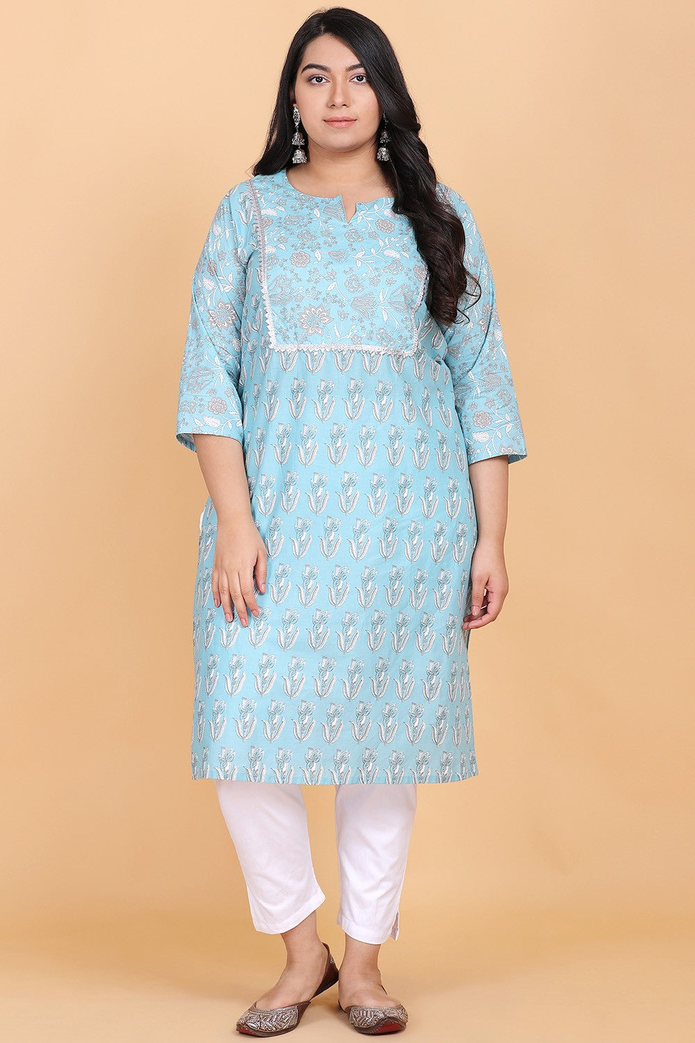 Light Blue Cotton Printed Kurta