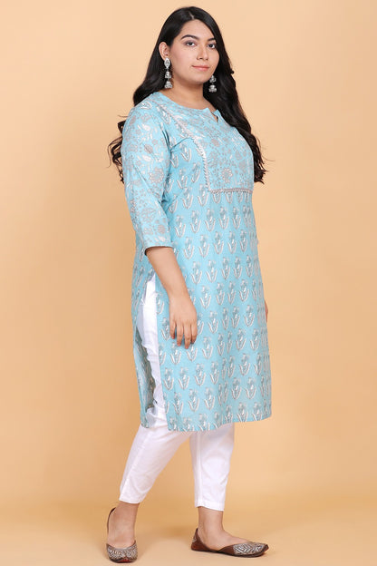 Light Blue Cotton Printed Kurta