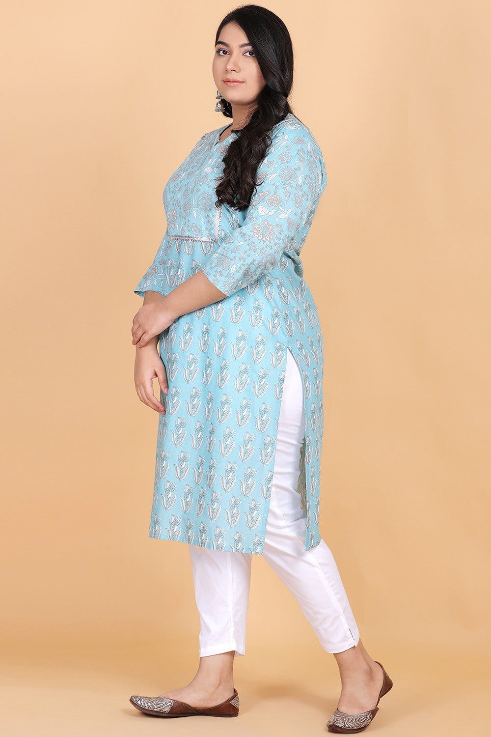 Light Blue Cotton Printed Kurta