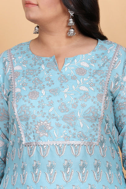 Light Blue Cotton Printed Kurta