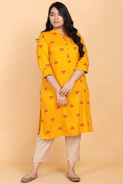 Mustard Printed Rayon Kurta