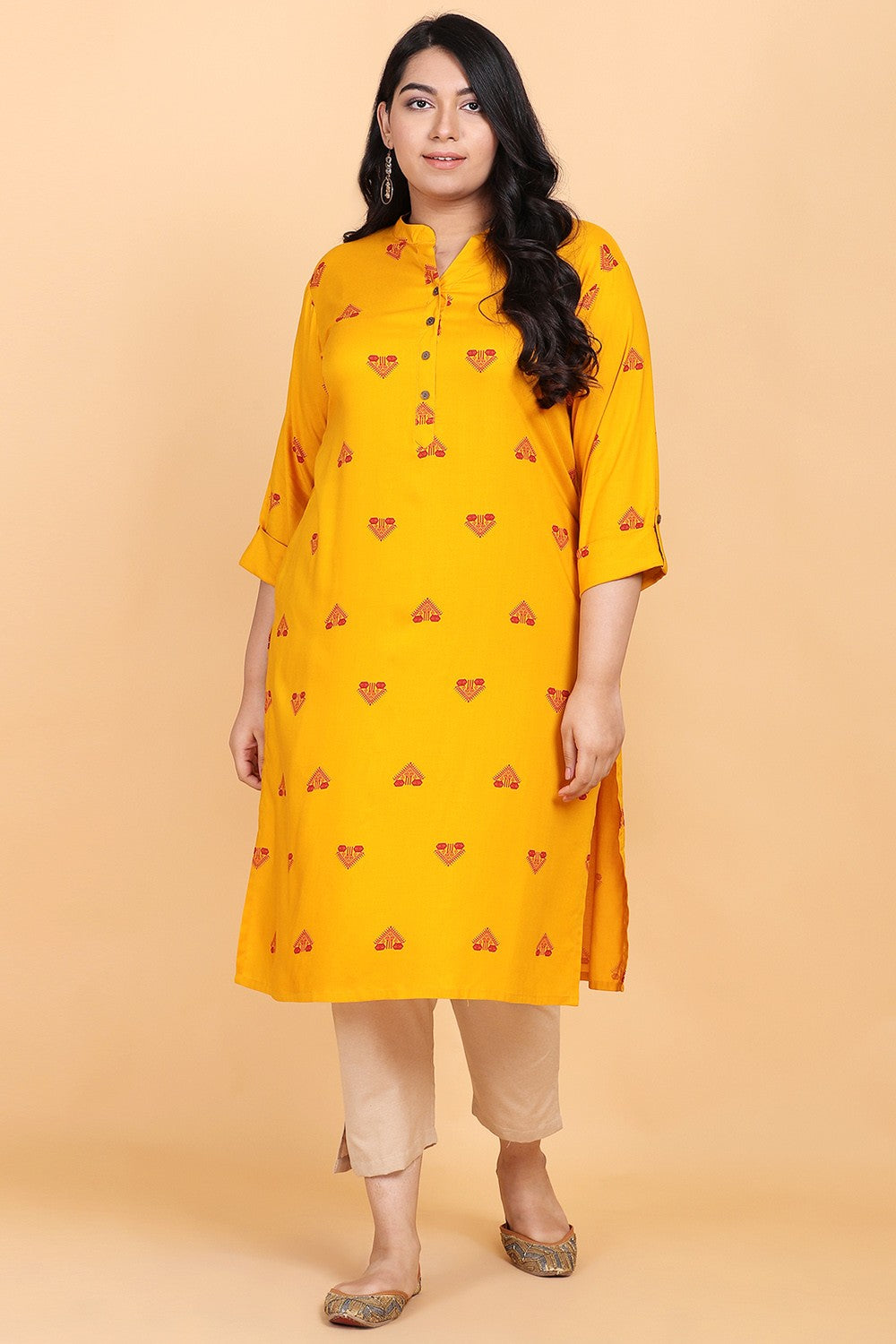 Mustard Printed Rayon Kurta