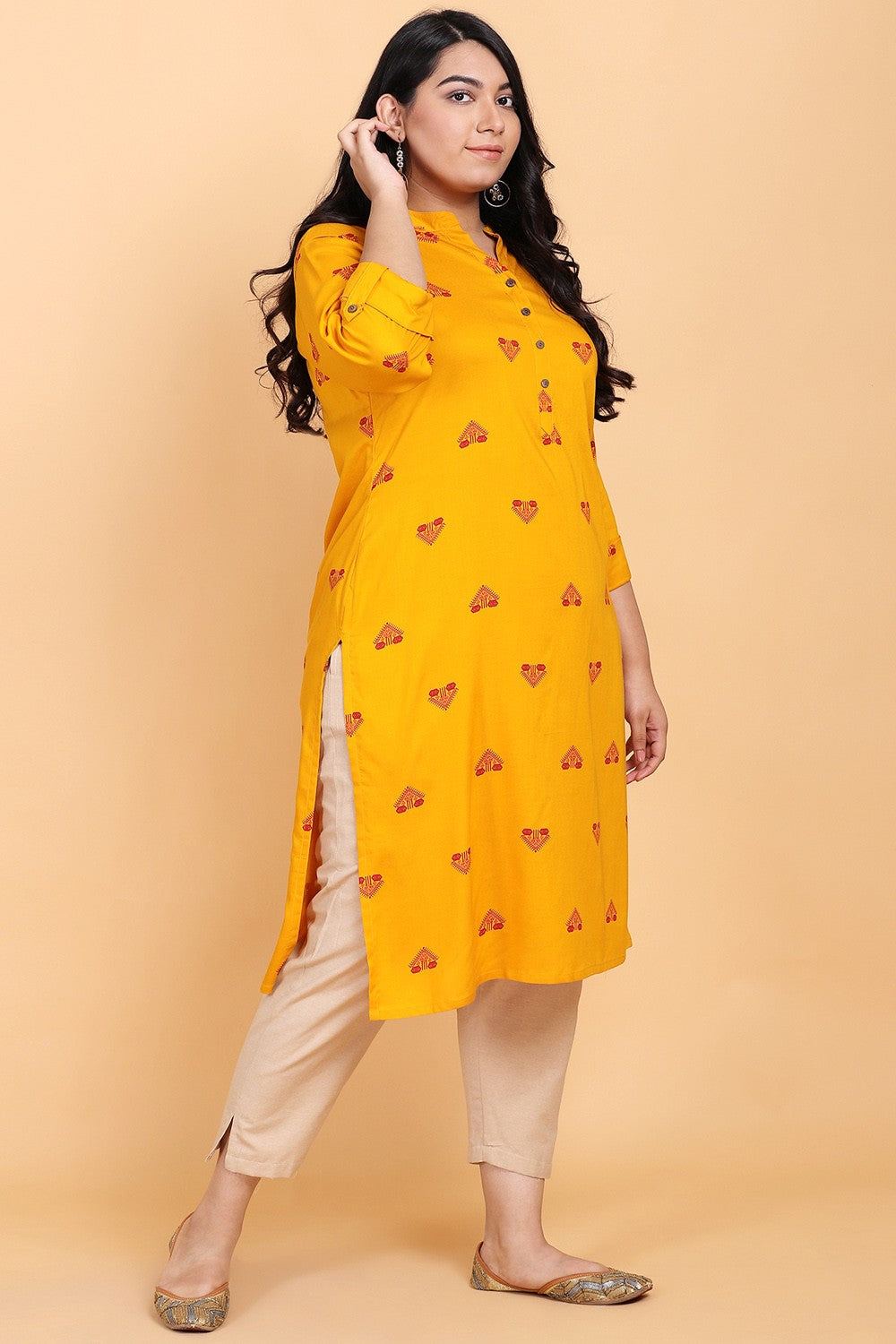 Mustard Printed Rayon Kurta