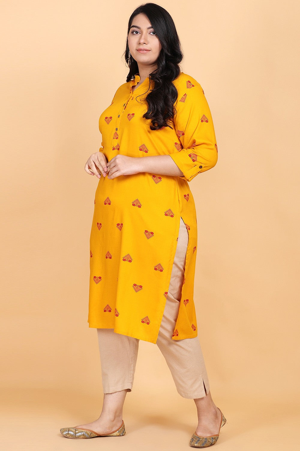 Mustard Printed Rayon Kurta