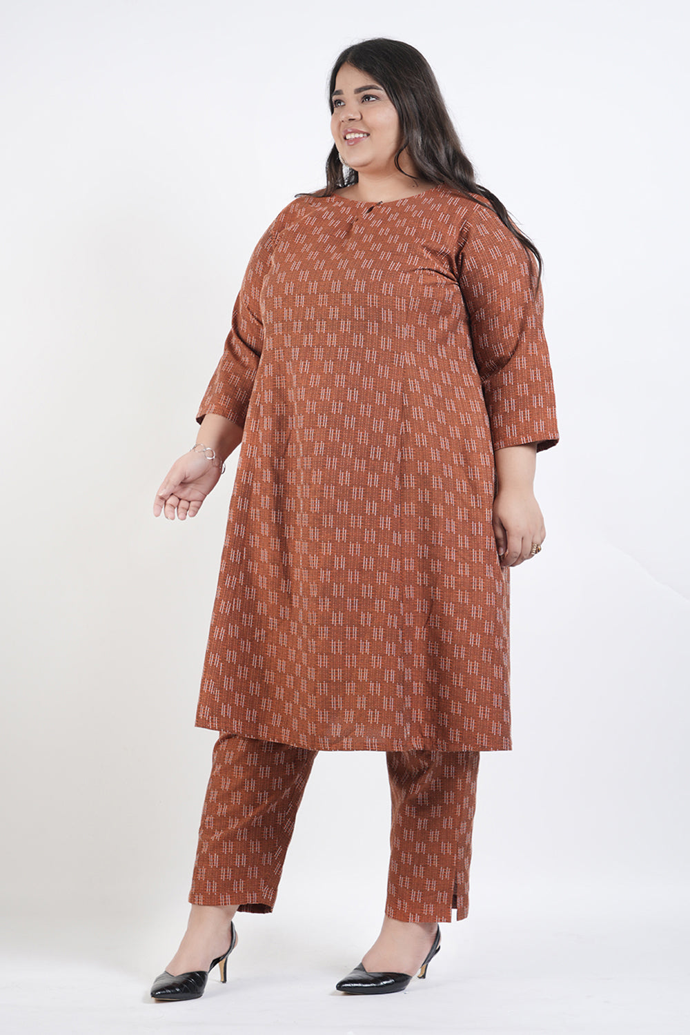 Caramel Brown Ikat Cotton Aline Kurta Set