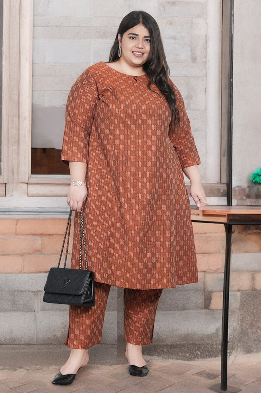 Caramel Brown Ikat Cotton Aline Kurta Set