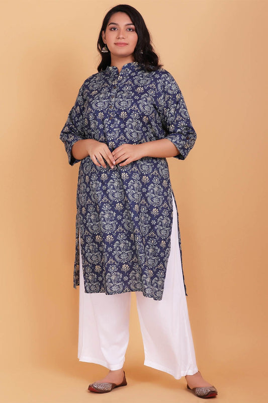 Blue Cotton Printed Straight Kurta