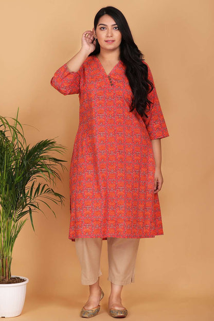 Orange Cotton Printed Kurta