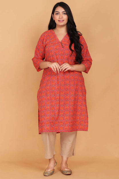 Orange Cotton Printed Kurta