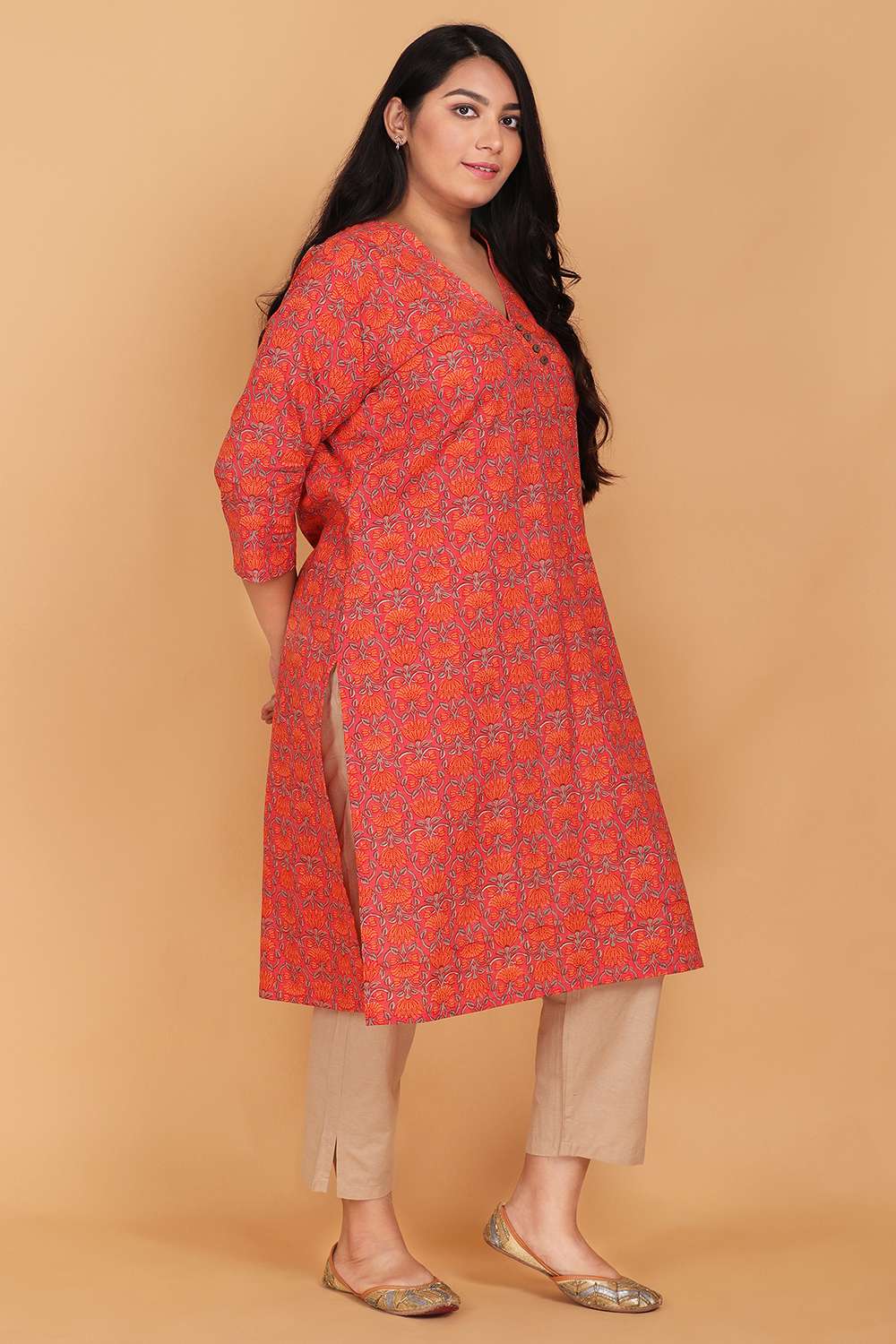 Orange Cotton Printed Kurta