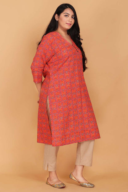 Orange Cotton Printed Kurta