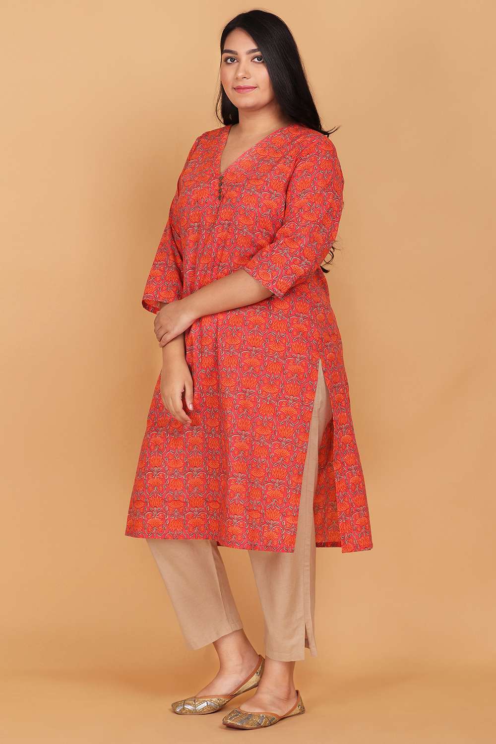 Orange Cotton Printed Kurta