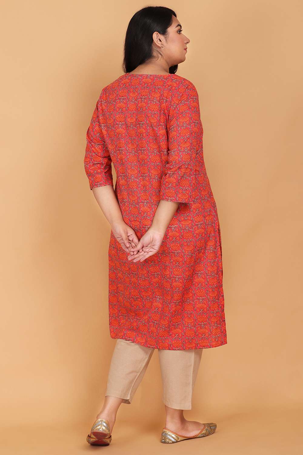 Orange Cotton Printed Kurta