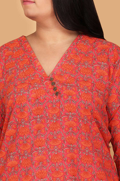 Orange Cotton Printed Kurta