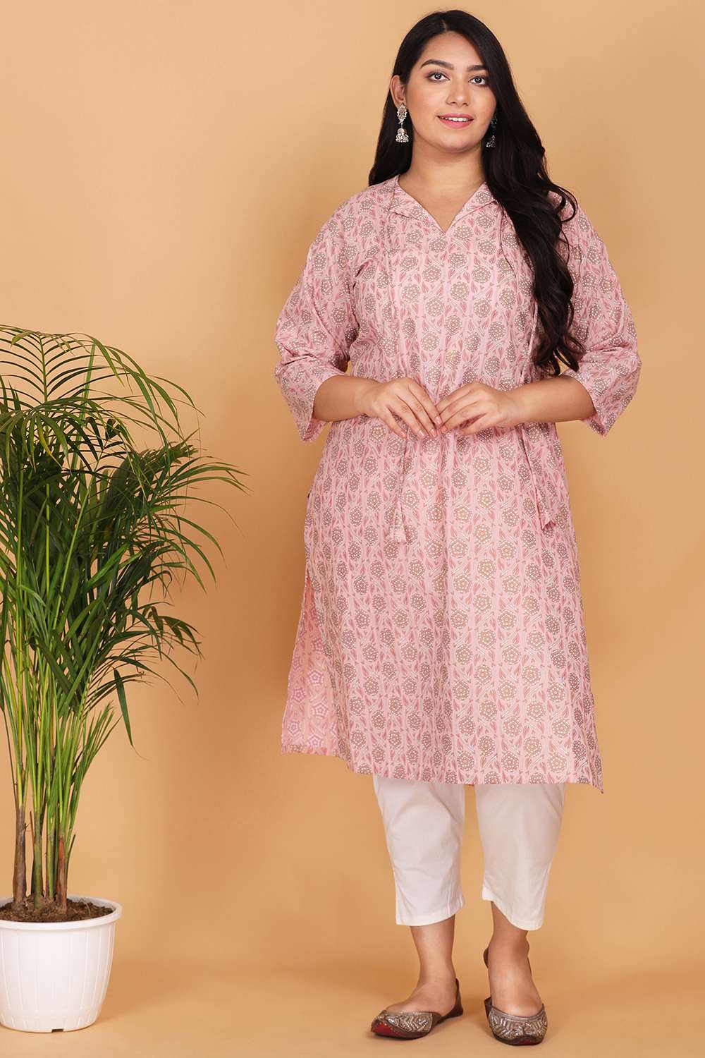 Light Pink Foil Print Cotton Kurta