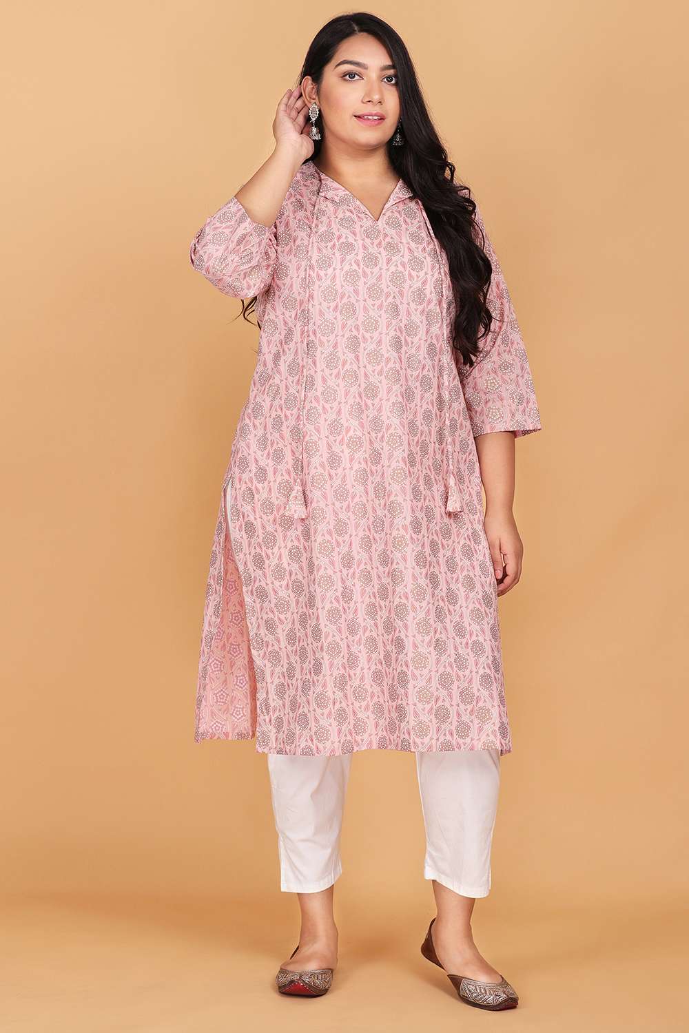 Light Pink Foil Print Cotton Kurta