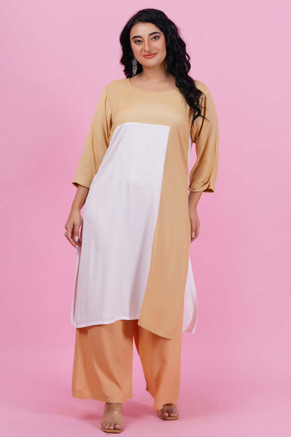 Beige-White Color Block Kurti