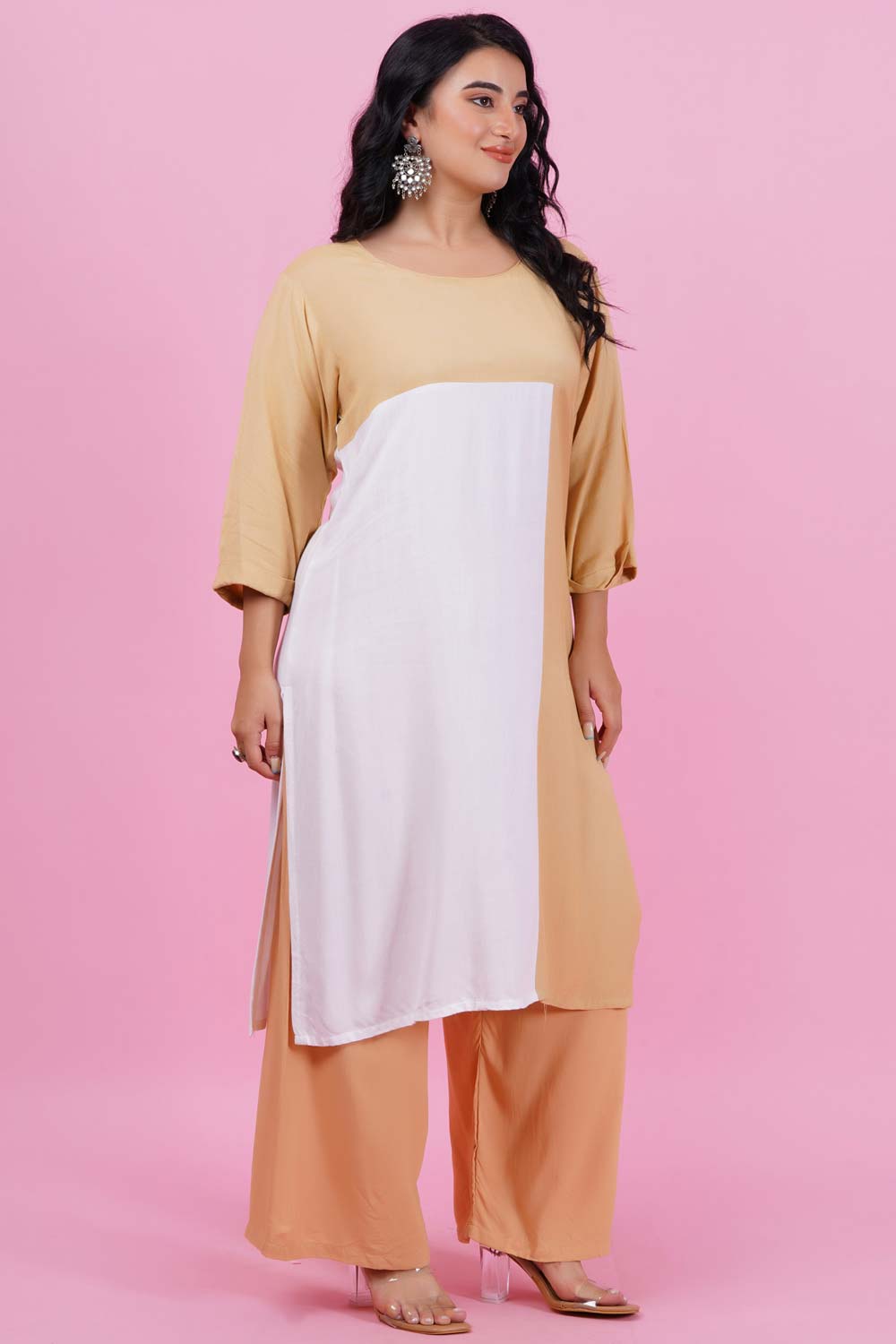 Beige-White Color Block Kurti