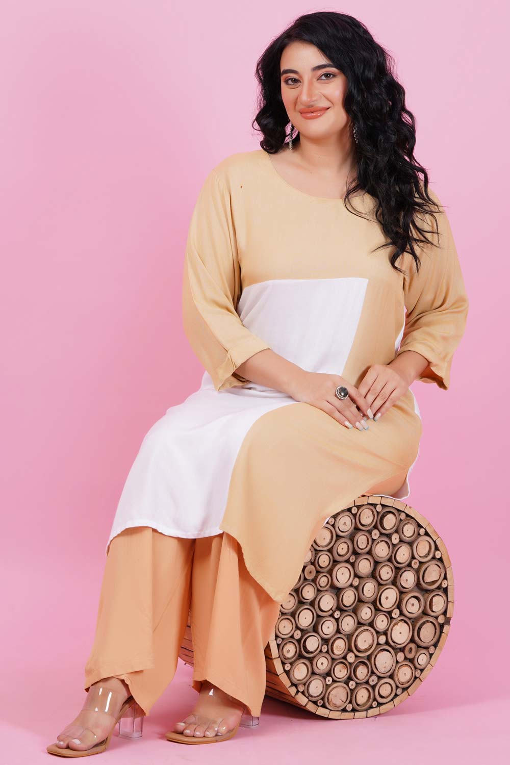 Beige-White Color Block Kurti