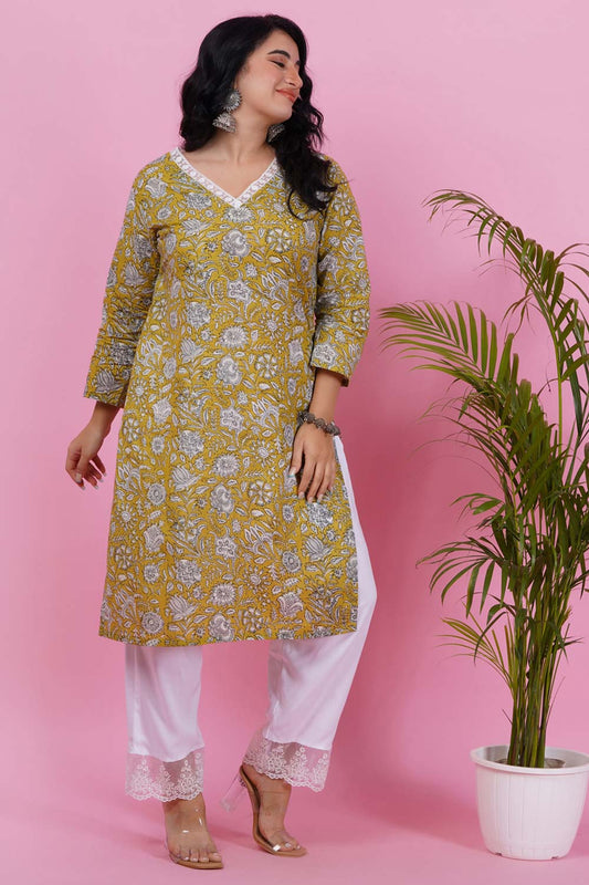 Spring Green Cotton Lace Kurta