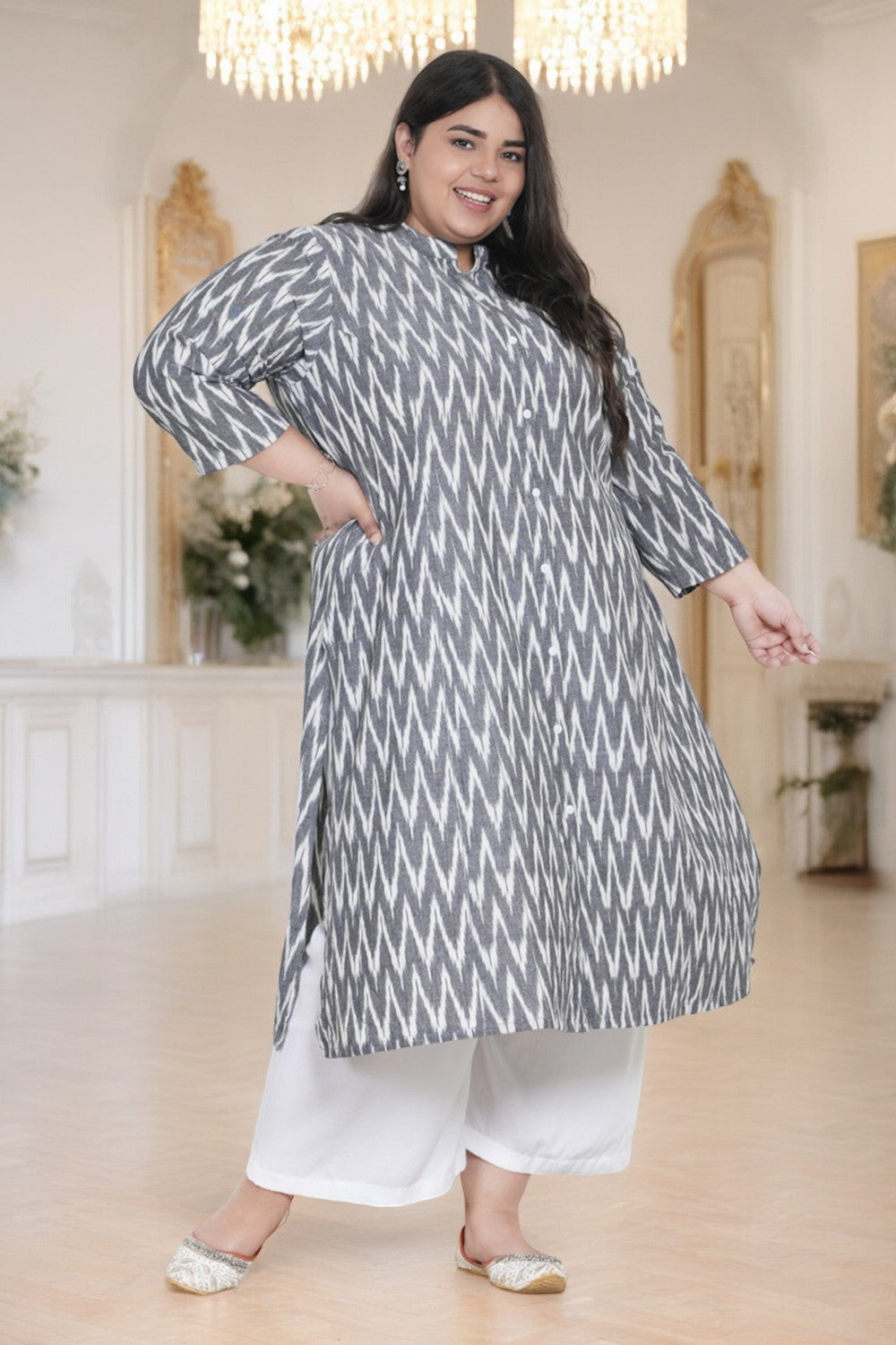 Glaze Grey Ikat A-line Kurti