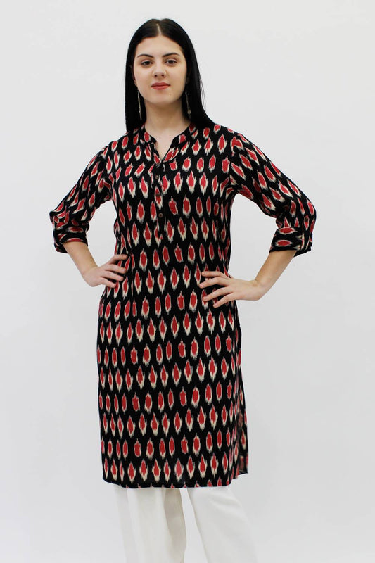 Black & Red Ikat Printed Kurta