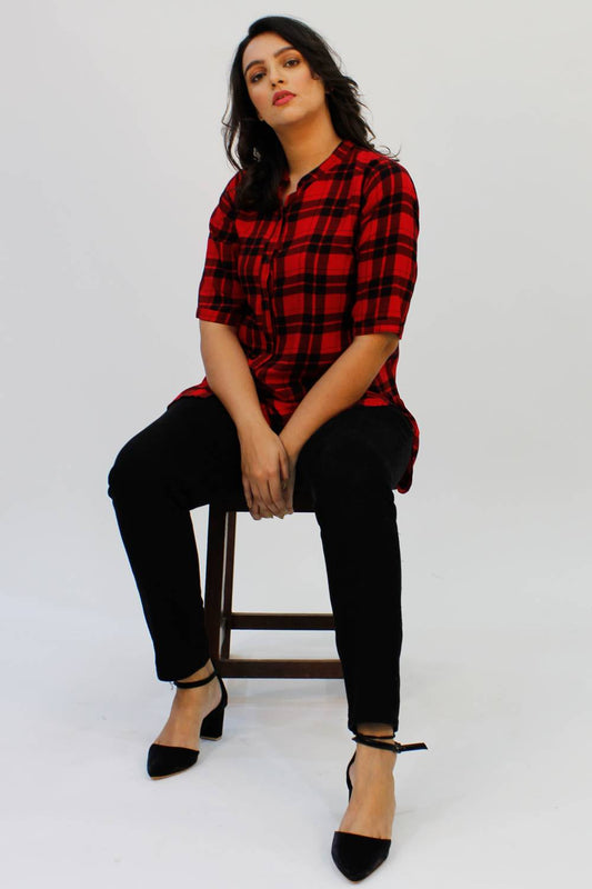 Red Tartan Checked Long Shirt for Women