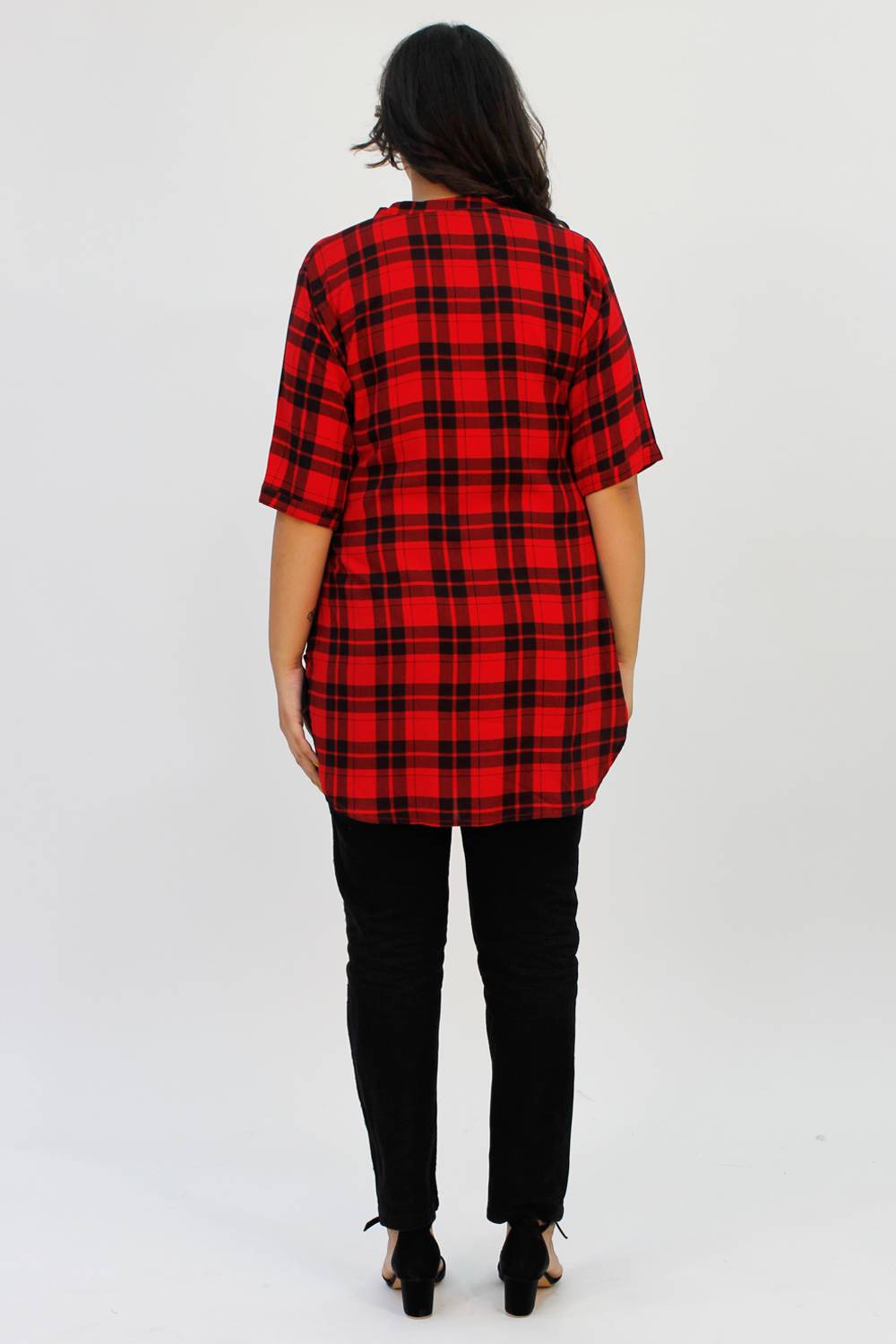 Red Tartan Checked Long Shirt for Women